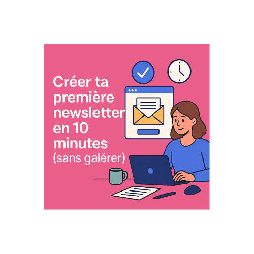 Illustration d’une femme créant une newsletter sur ordinateur avec une enveloppe et une horloge