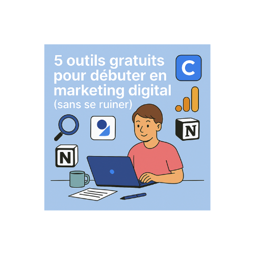 Illustration d’un étudiant utilisant des outils gratuits pour démarrer en marketing digital (Canva, Google Analytics, Notion…)